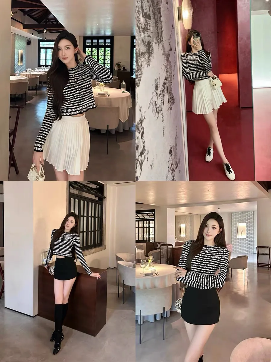 韓国ストライプニットセーターカーディガン女性秋冬長袖 O ネックシングルブレストスタイリッシュなシックなレディースジャンパートップス