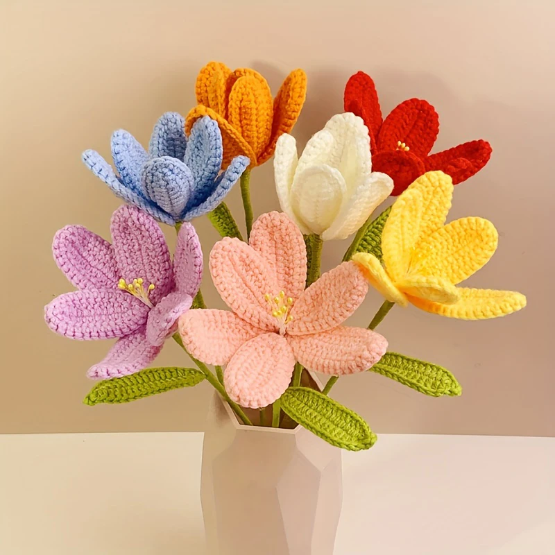 Finished Hand-Knitted Flowers Artificial Tulips Bouquet Cotton Yarn Crochet Fake Flowers for Wedding Home Decor New Year Gifts