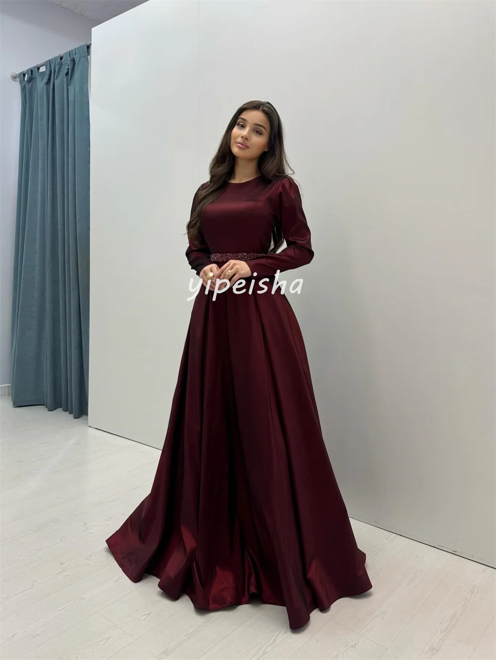 Customized Modern Style Fashion Pleat Sash Beading Sequined A-line Scoop Neck Long Dresses Evening Dresses Sizes Available Retro