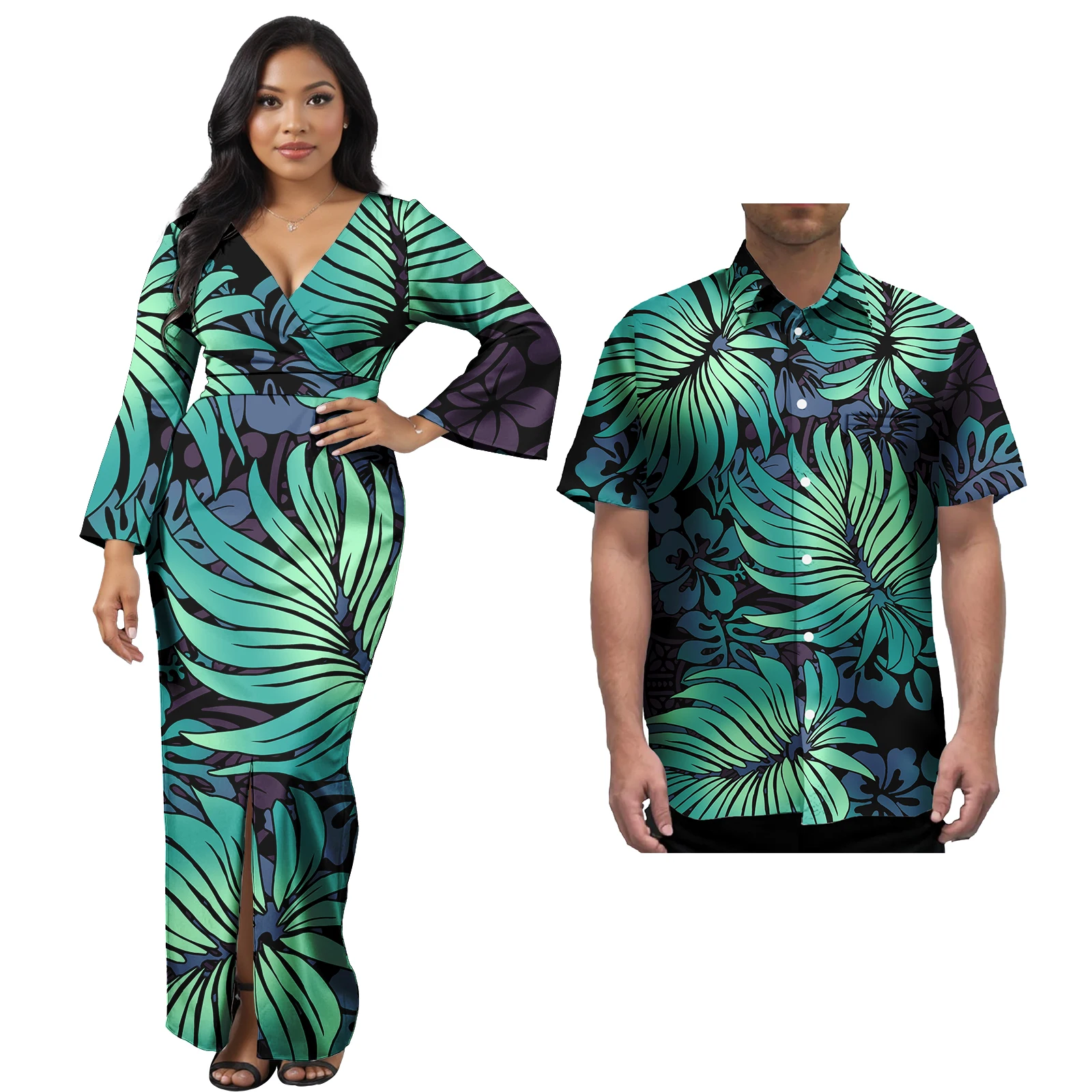 Coppia Hawaii Set Polinesiano Tribale Stampa Floreale Donna Slim Abito Sexy Partita Camicie da Uomo Abiti da Sera Festa