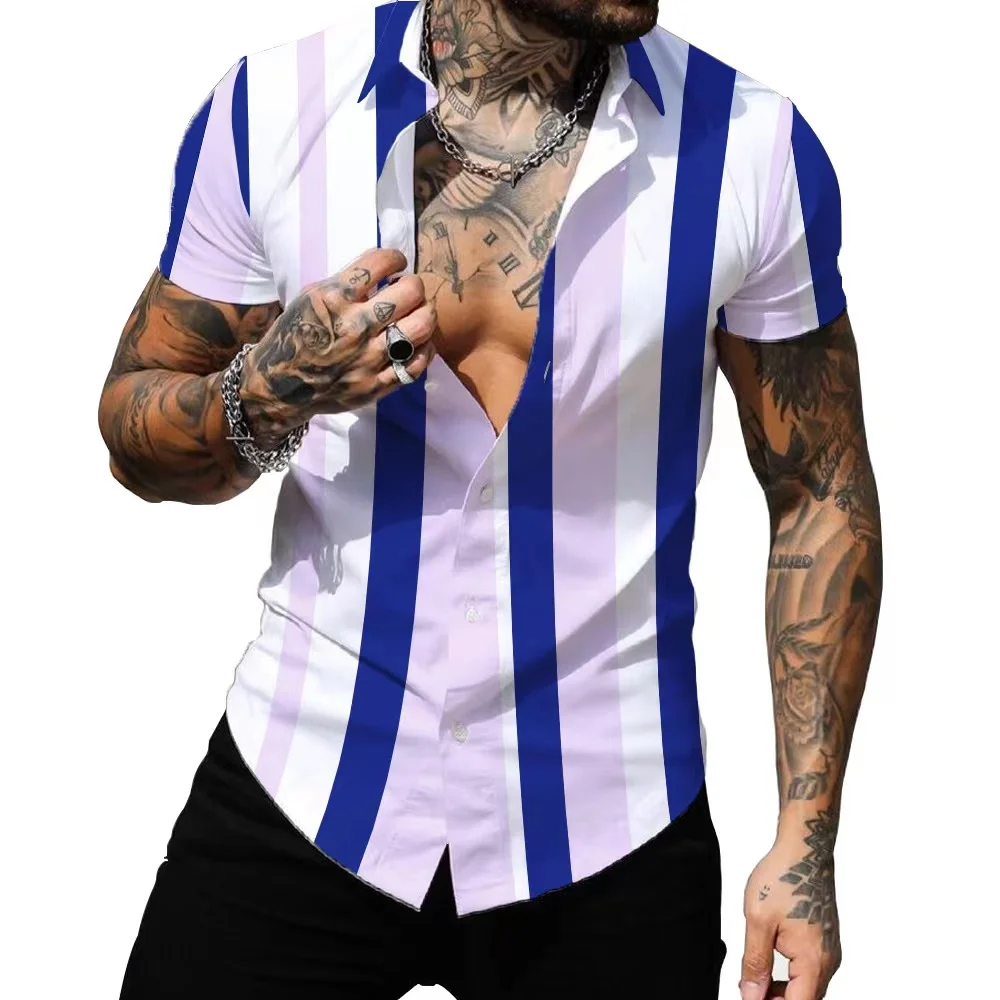 Chemise hawaïenne à manches courtes pour hommes et femmes, vêtement estival, Sexy, rayé, imprimé en 3d, à revers, à la mode, pour la plage