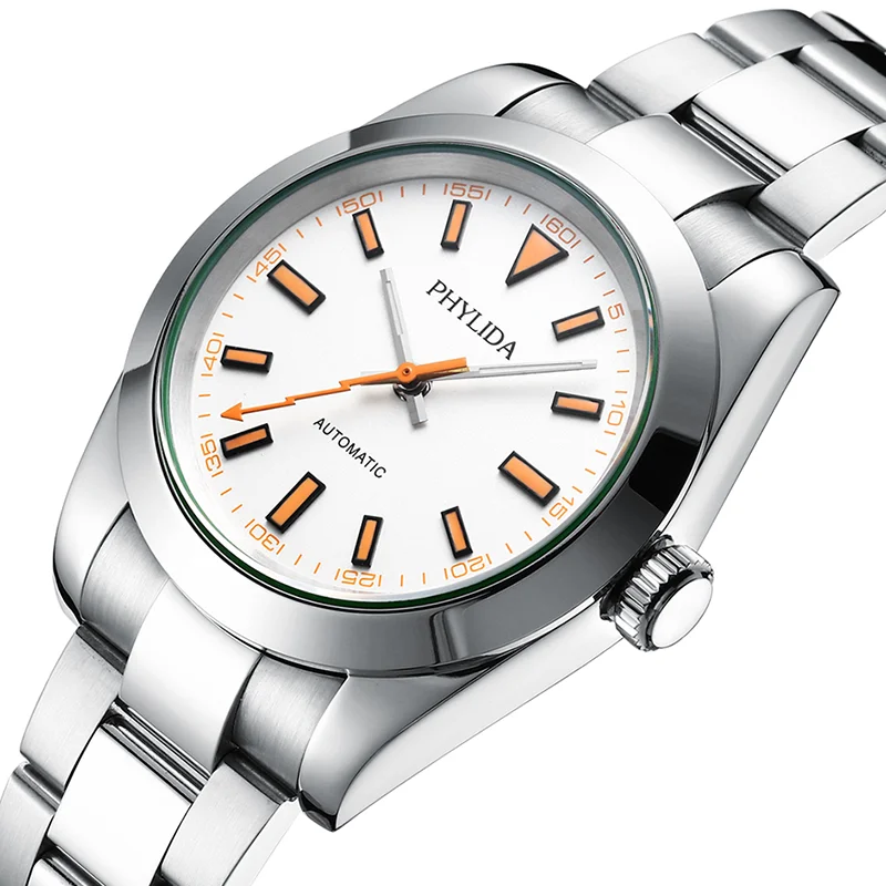 Imagem -02 - Phylida-relógio Automático Mecânico de Luxo Diário Mãos Lightning Bolt 10bar Impermeável Mostrador Laranja Branco 39 mm 100m wr