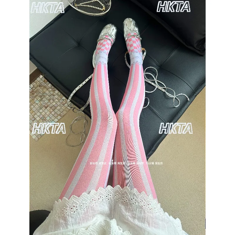 Lolita Sweet Pink Striped Print Plaid Velvet Pantyhose Cosplay Girl Long Stockings Women's Spring/summer Kawaii Socks Tights