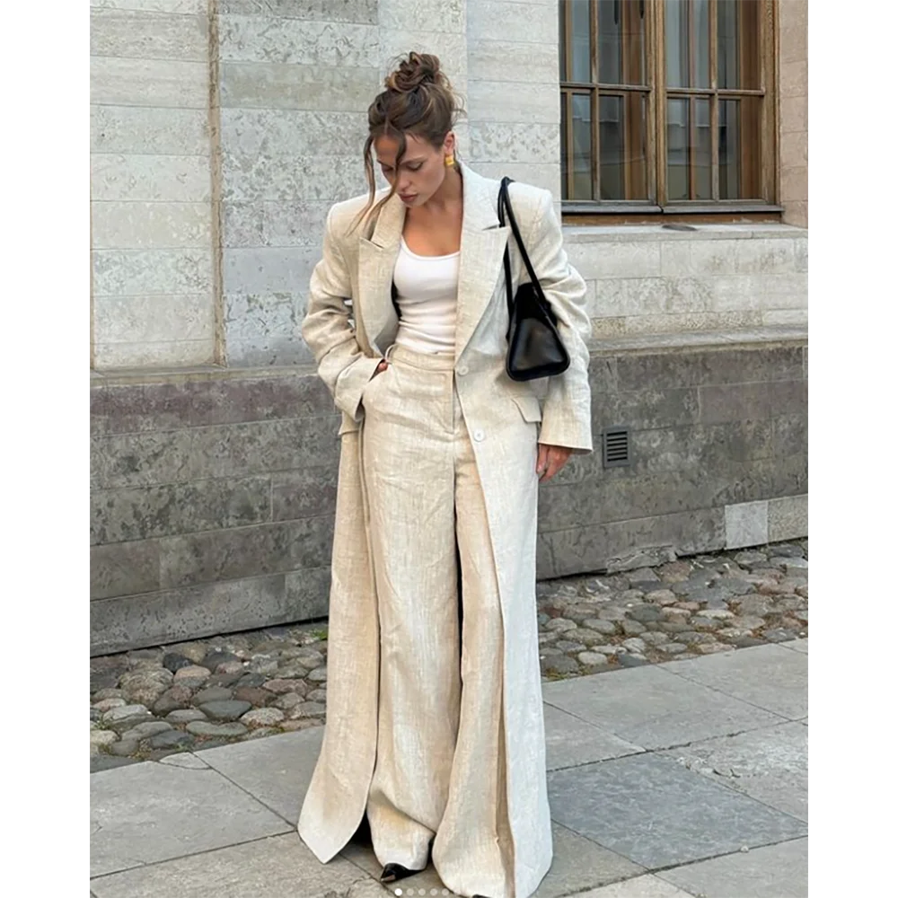 High-end Linen Long Women Suits 2 Piece Peak Lapel Formal Casual Prom Party Pants Sets Blazer with Pants