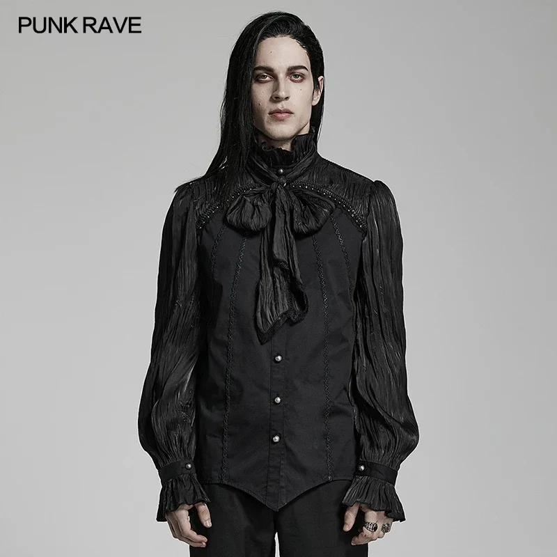 PUNK RAVE Men's Gothic Piranha Pattern Lantern Sleeve Velvet Shirt Gorgeous Party Loose Tops Spring/Autumn Shirts for Men