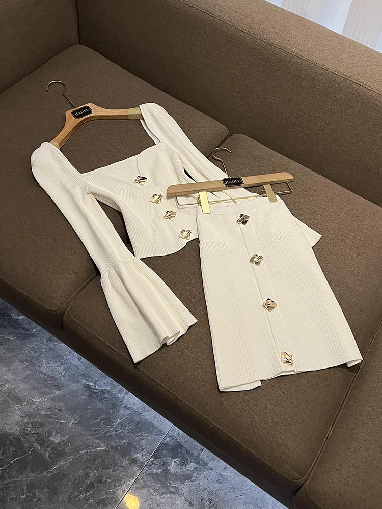 

Faionable Knitted Top with Bell Sves Square Collar f Skirt Set for Women Golden Bule Ele Commute Sle Ensemble