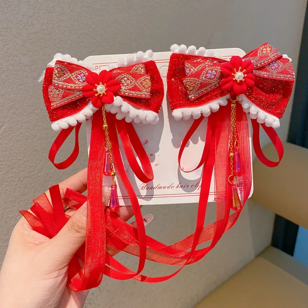 

Sweet Lion Children's Chinese Hairpin Bow Flower New Year Barrettes Tassel Plush Ball Hanfu Hair Accessories Kids
