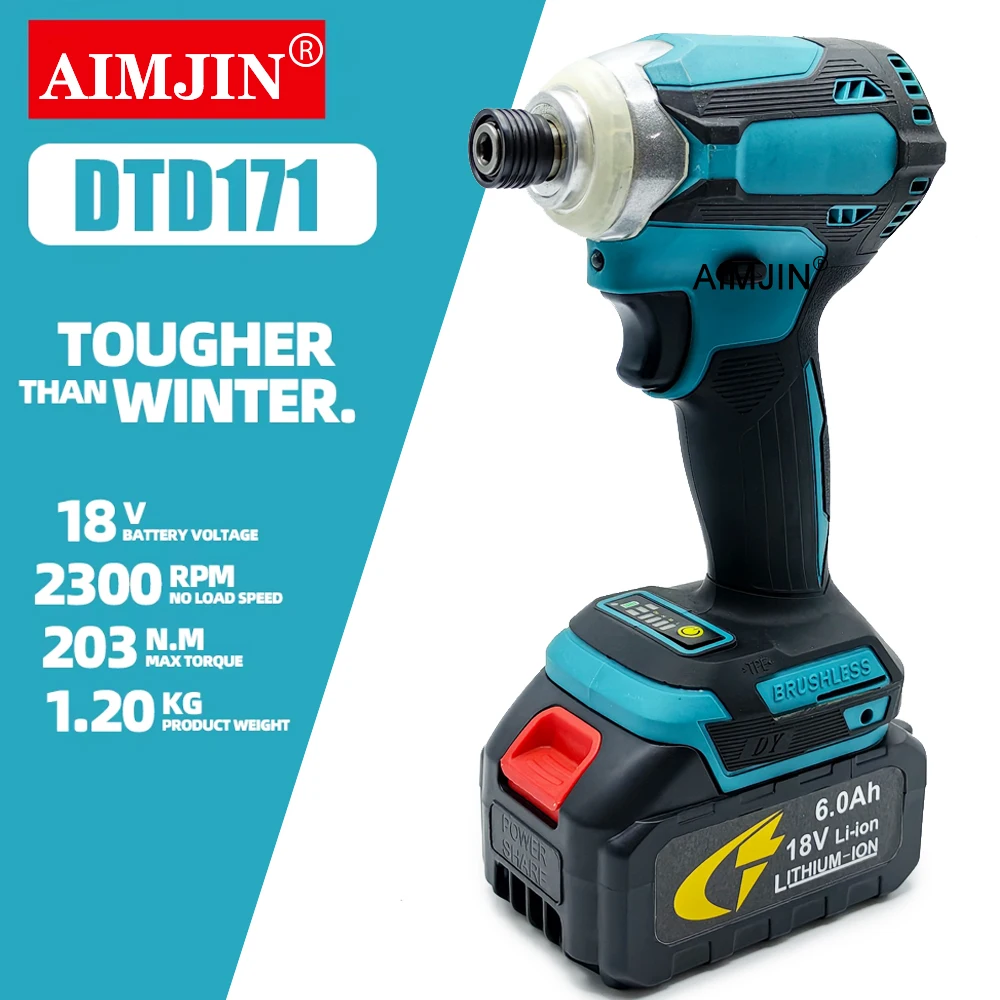 AIMJIN DTD171 Brushless Motor Impact Driver Rechargable Drill Cordless Electric Screwdriver Power Tool For Makita 18V Battery