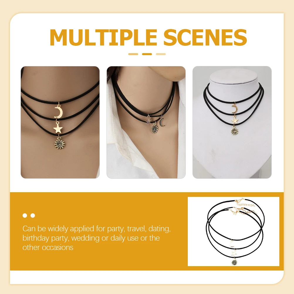 

3pcs Choker Necklaces For Women Black String Necklace Sun Moon Star Design Adjustable Gothic Collar 90S Fashion Jewelry