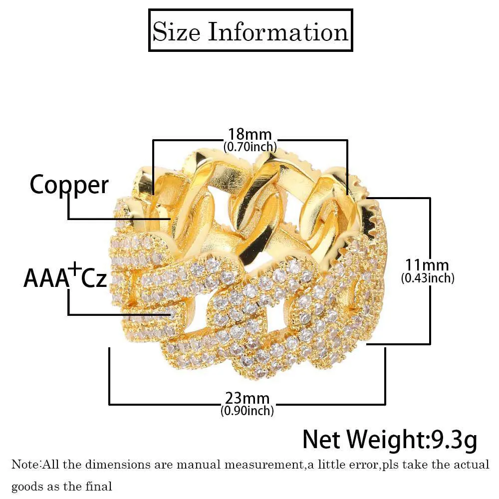 11MM Width Double Row Iced Out  Rhombic Cuban Rings Fashion Hip Hop For Men Bling Cubic Zirconia Jewelry