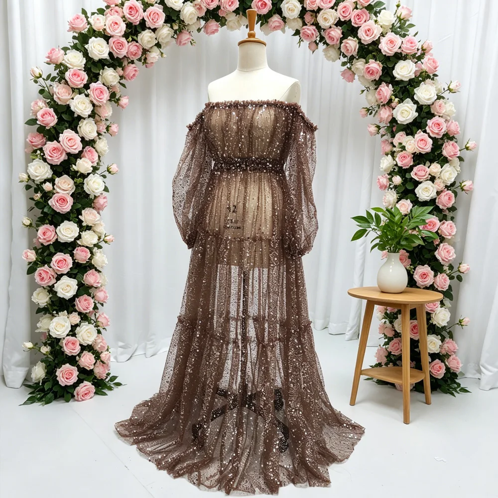 Schwangerschaftsfotografie-Kleid für Damen, künstlerisches Kleid, elegantes Perlen-Pailletten-Mesh-Kleid in A-Linie mit Futter, transparentes Umstandskleid