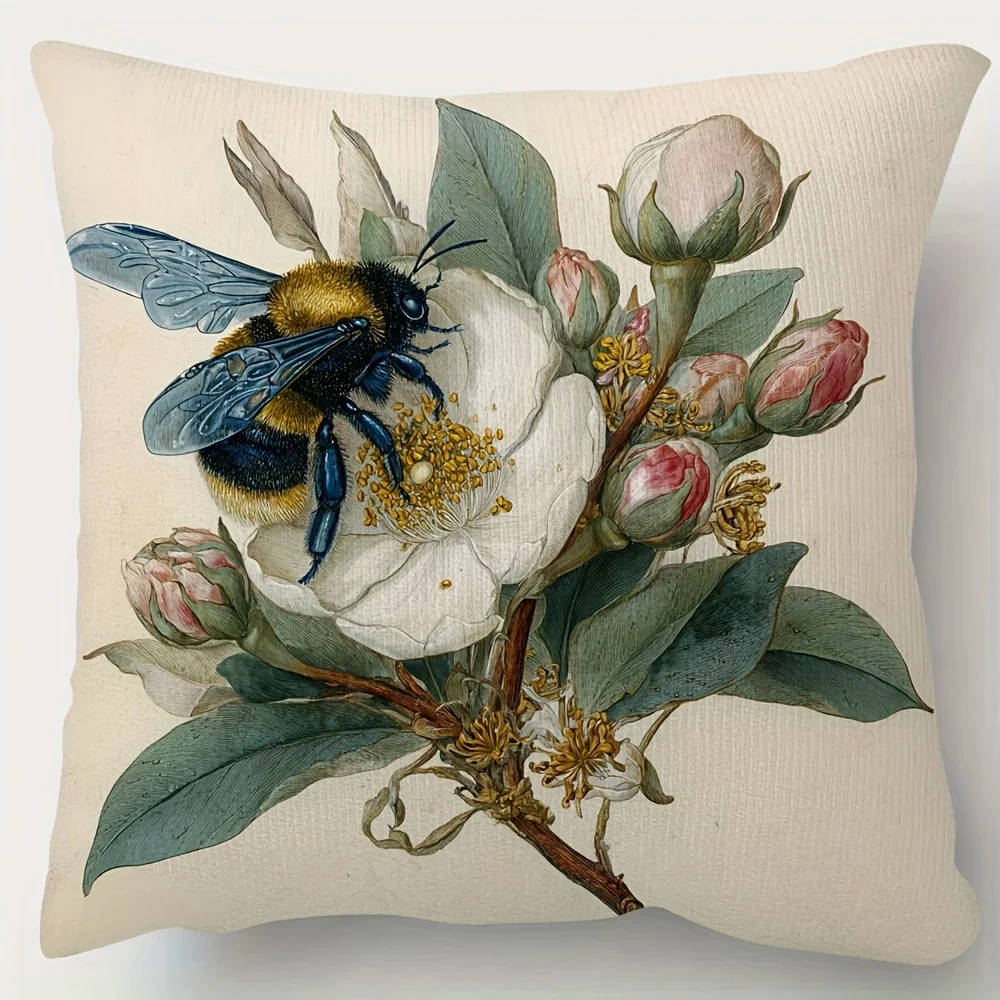 Vintage Bumble Bee and Magnolia Double-Sided Pillowcase, Morris Floral Pattern Cushion Cover with Zipper, Washable Decor Case