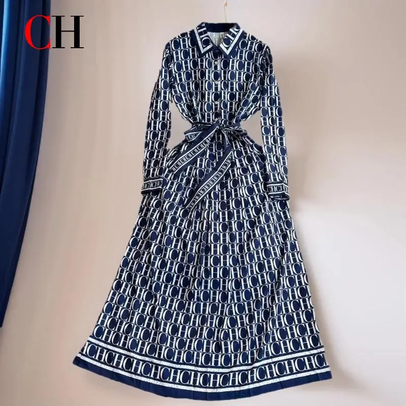 

CH Womens CHCH Letter Print Shirt Dress Long Sleeve Belted Waist Maxi Dress Button Down Casual Elegant Fashion