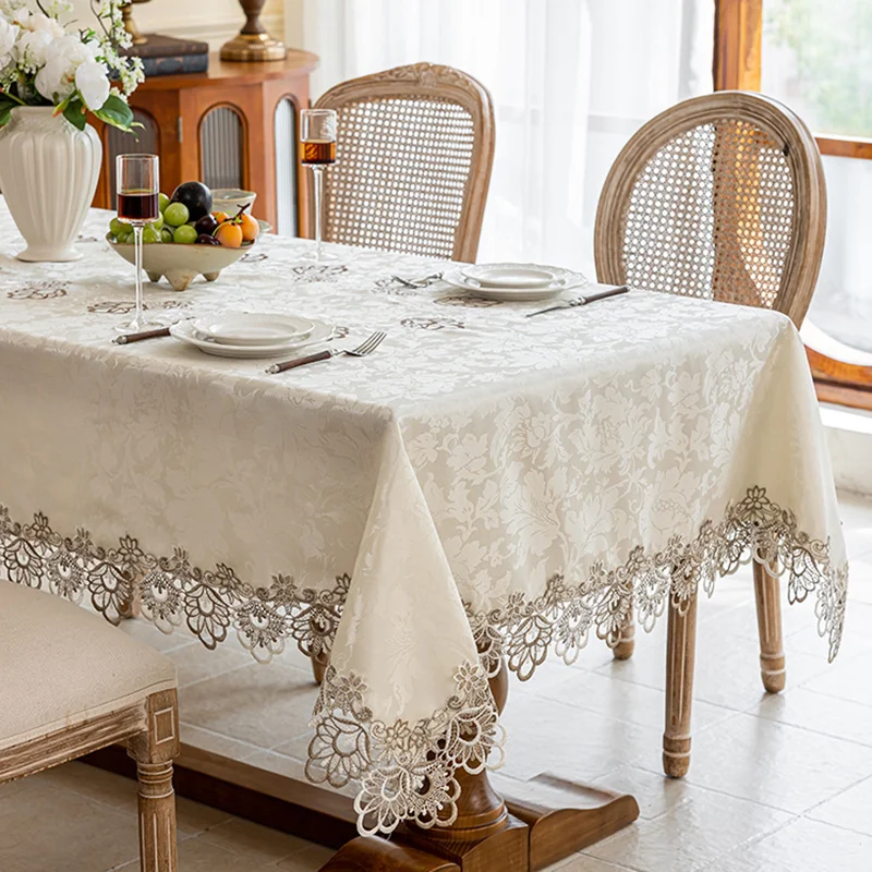 European Classical Lace Trim Tablecloth High-End Solid Rectangular Dustproof Table Cover High-Quality Desk Atmosphere Decoration