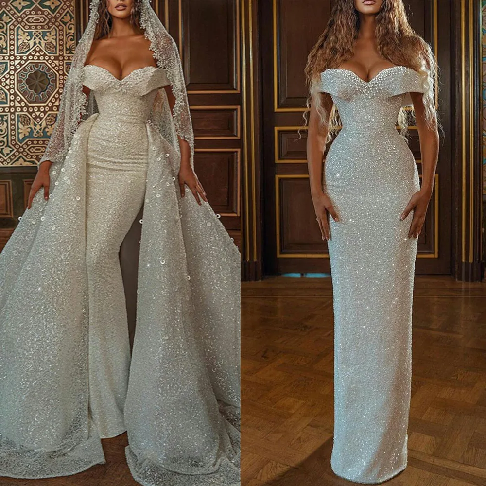 

Luxury Mermaid Wedding Dresses Sweetheart Detachable Train Bridal Gowns Lace Appliqued Sequins Tiered Vestido De Noiva