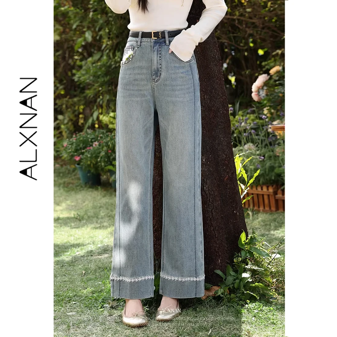 

ALXNAN Vintage Blue Straight Jeans Women High Waist Wide Leg Casual Denim Pants 2026 Spring Fashion Baggy Trousers Ladies L62219