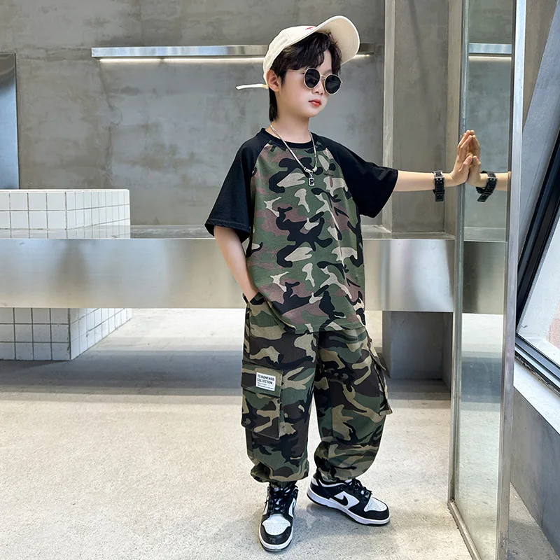 Teenage Boys Summer Camouflage Suit Thin Short-sleeved T-shirt Shorts Suit Children's Casual Sports Suit Boys Clothes Sets