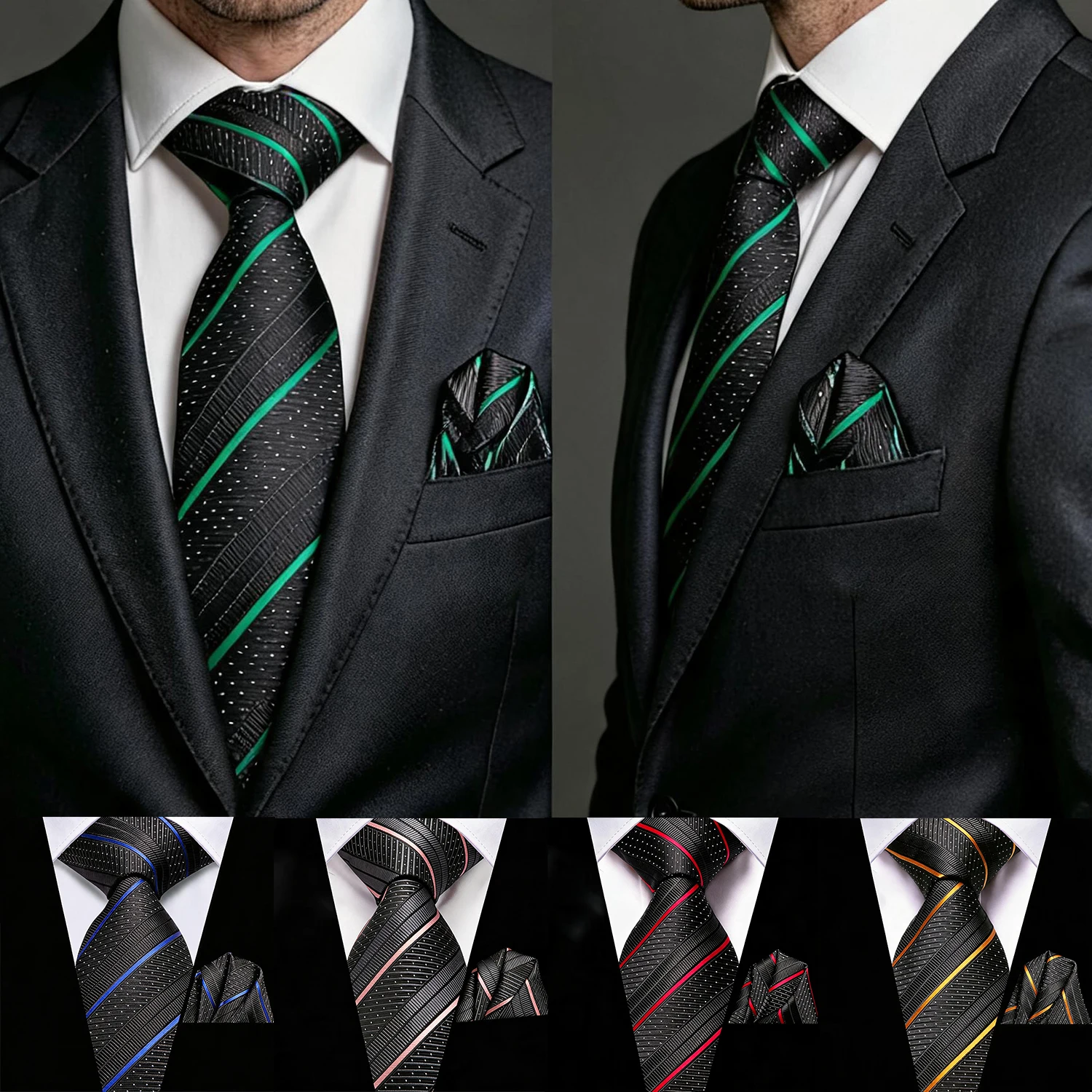 Men’s Black Striped Tie & Pocket Square 2Pcs Set Formal Business Wedding Necktie Handkerchief Accessory for Suit Daily Occasions