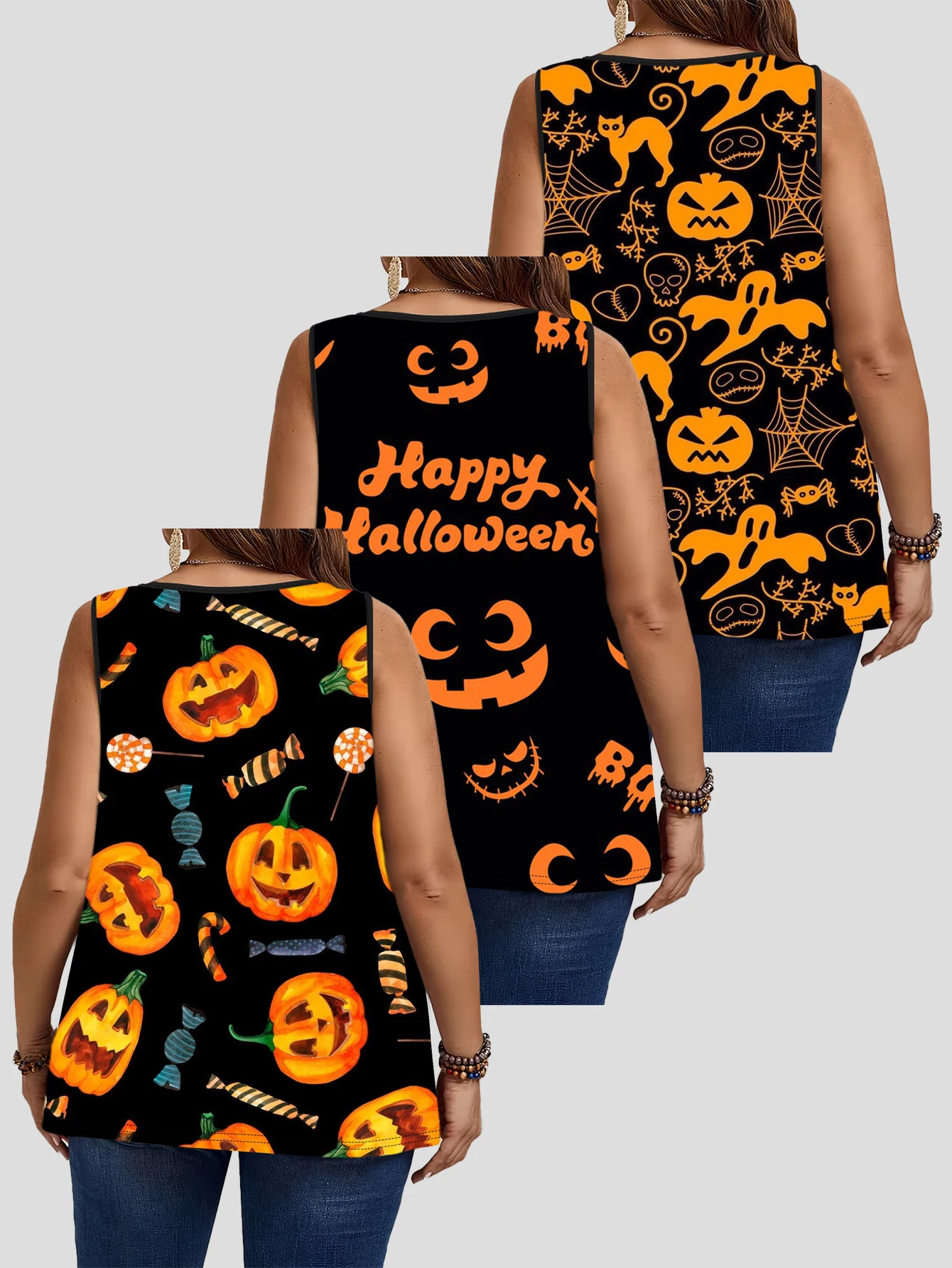 3-Piece Set of Plus-Size Women's Black Base Pumpkin Candy Halloween All-Over Fun Print Tank Tops, Round Neck Loose Sleeveless Tops