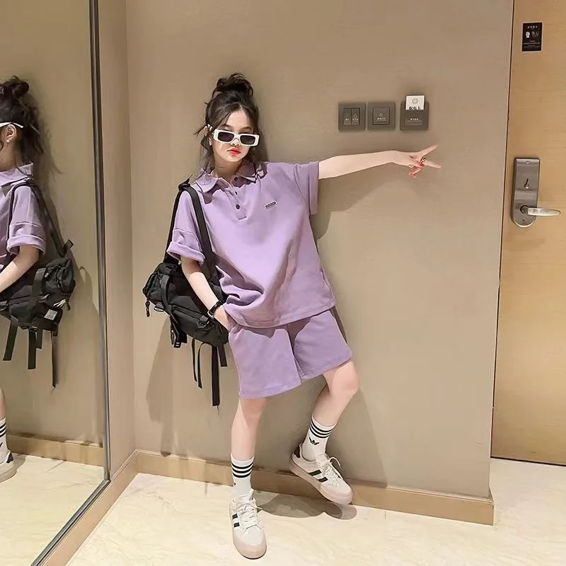 بدلة ترفيه للأطفال بأكمام قصيرة من قطعتين ، ملابس رياضية صيفية ، ملابس غير رسمية ، ملابس فتيات كورية ، جديدة #3