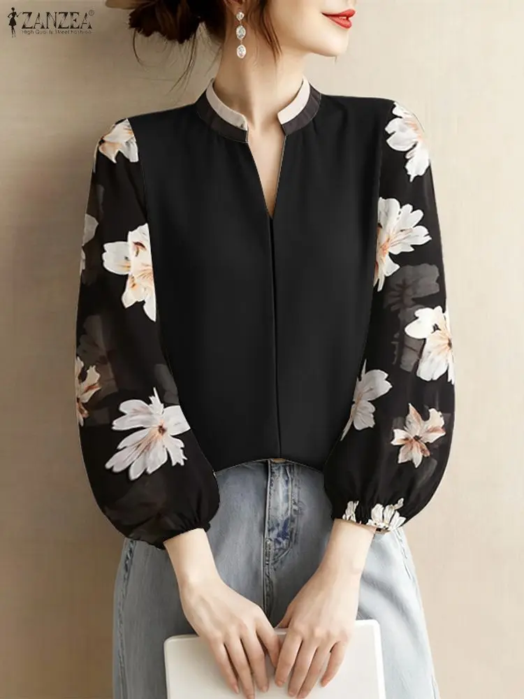 

ZANZEA Elegant Women's Blouses Autumn Floral Print 3/4 Puff Sleeve Patchwork V-Neck Blouse Casual Chic Color-Block Woman Clothes