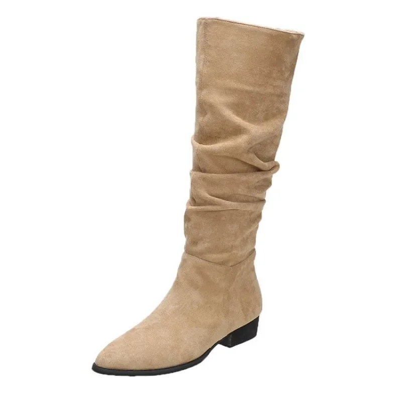 Nowe Plisowane Buty Kobiety Czarny Nude Faux Suede Flock Knee High Boot Ladies Flat Autumn Winter Dress Shoe 40 Solid Slip on Botas