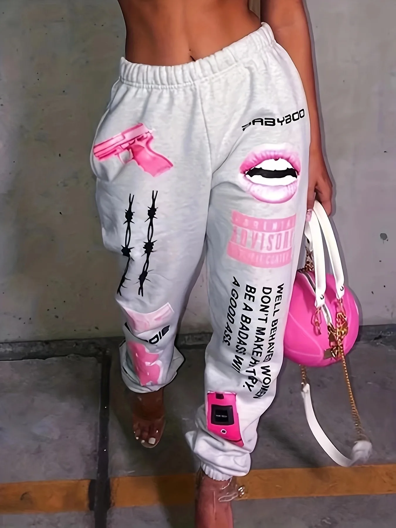 European and American street style floral bouquet foot guard pants, personalized hip-hop pistol lip pattern casual sports pants