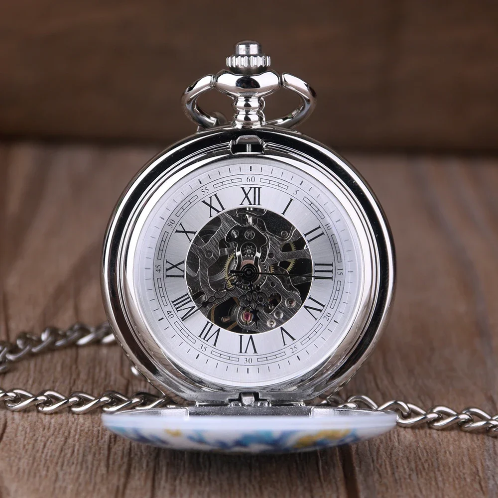 New Blue and White Porcelain Flower Design Pocket Watches Roman Number Steampunk Mechanical Pocket Watches Men Women Fob Chain