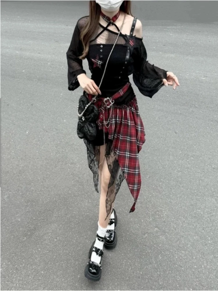

Gothic Hot Girl American Fashion 2 Piece Set Women Black Blouse + Chic Irregular Dress New Pure Desire Slim Vintage Suit Summer