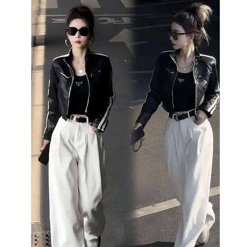 American Spicy Girl Motorcycle Style Leather Jacket Women's Spring and Autumn New Short Jacket Wide Leg Pants Two-piece Set