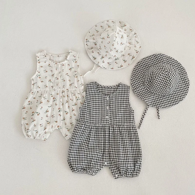 

Cute Baby Girl Flower Romper 0-24Months Newborn Kids Sleeveless O-neck Cotton Plaid Playsuit Hat 2PCS Outfits Summer Clothes