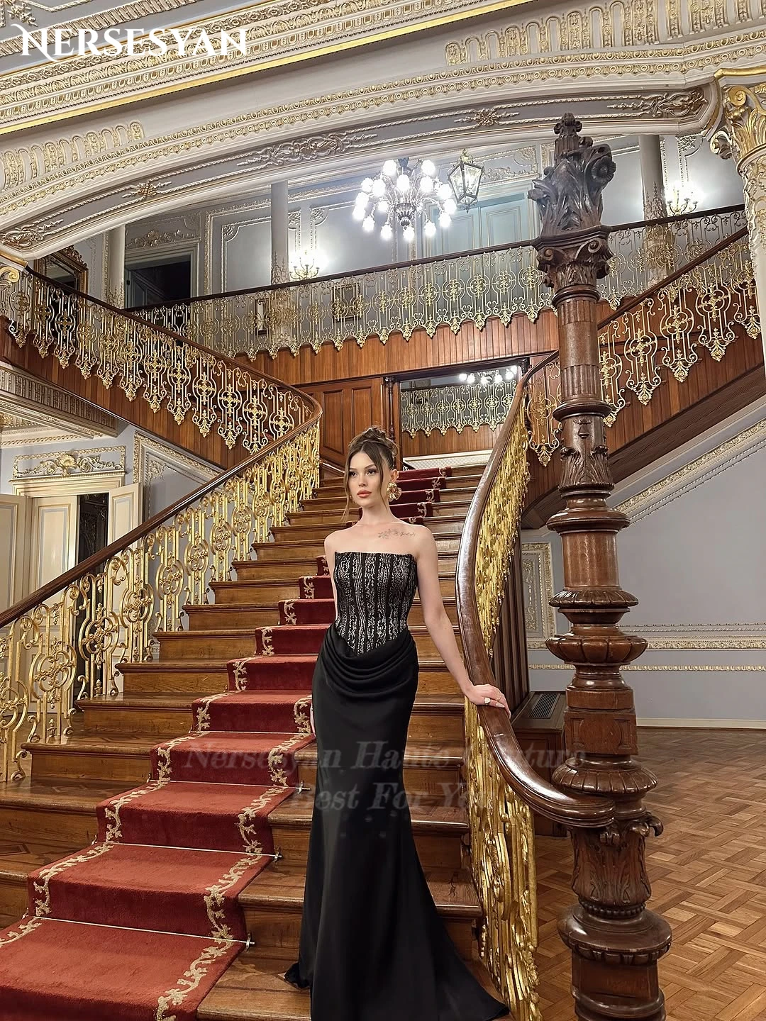 Nersesyan luxe paillettes sirène noir robes de soirée épaules nues paillettes robe formelle plis moulante robe de soirée personnalisé