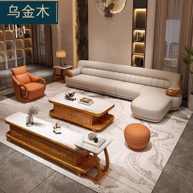 New Chinese ebony leather sofa villa living room first layer cowhide size apartment living room solid wood combination furniture