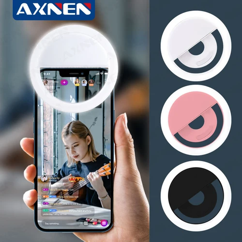 USB 충전 전화 렌즈가 있는 LED 라이트 링 셀카 라이트 미니 원형 필 라이트 클립 iPhone과 호환 가능 Samsung Xiaomi Poco
