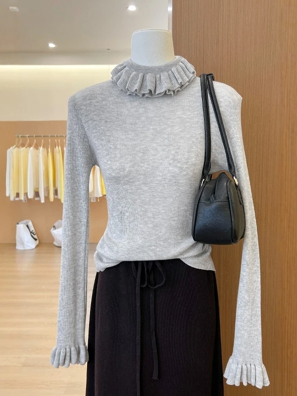 

Women's Knitted Woolen Shirt Collar Lace Trim Half High Neck Base Top Trendy Inner Wear Soft Korean Style Long Sleeve