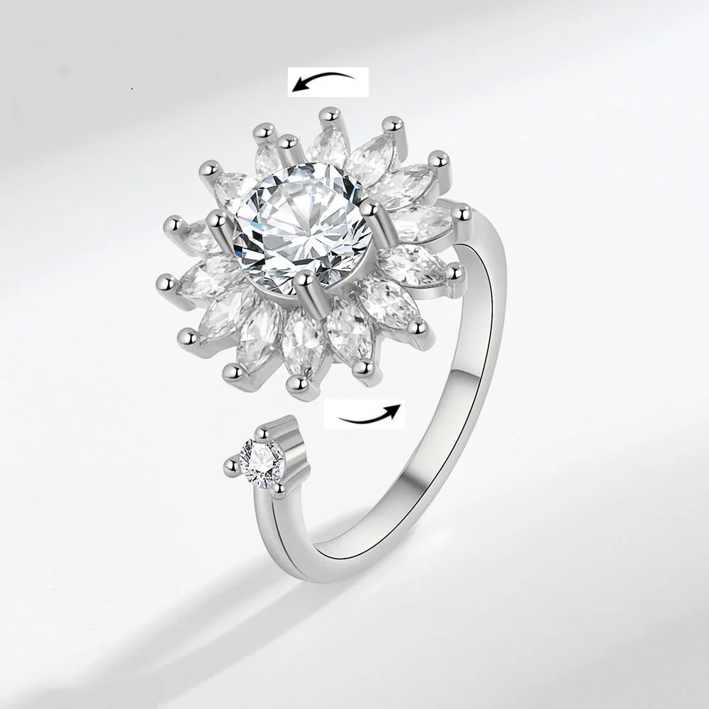 Women's Adjustable Open Finger Ring with Spinning Plant Flower Design Anti-Stress Anxiety Fashion Jewelry Gift for Birthdays