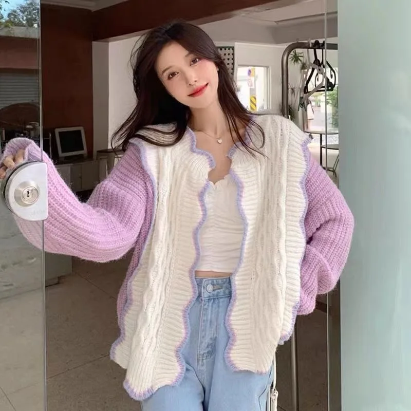 

Purple Cardigan for Women New in Knitwear Wear To Work Elegant Jackets Y2k Clothing Sales Spring Autumn Knitted Sweater Woman
