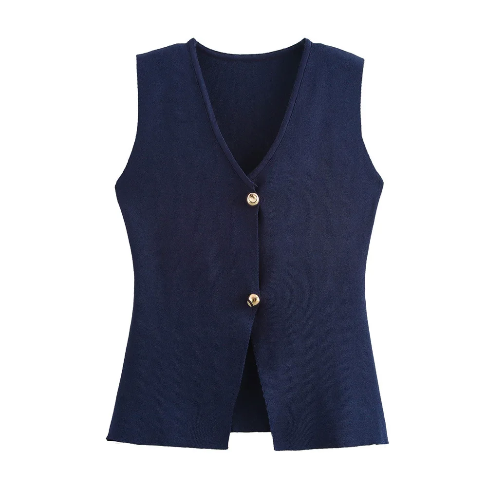 

Women V-neck Pleated Knitted Tank Top 2025 Summer New Metal Vest Button Sleeveless Vest Top Female Casual Fashion Lady Outfit