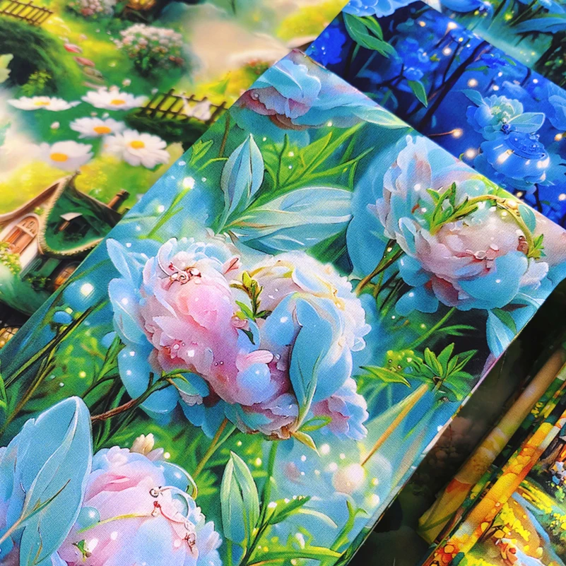 Flowers Floral Fabric Cotton Digital Printing HD 3D Fantasy Wonderland for DIY Handmade by Half Meter