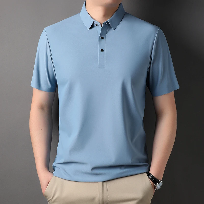 New Handsome Advanced Ice Silk Polo Shirts Men Short Sleeved 2024 Summer Business Casual Seamless Breathable Soft Men\'s Clothing