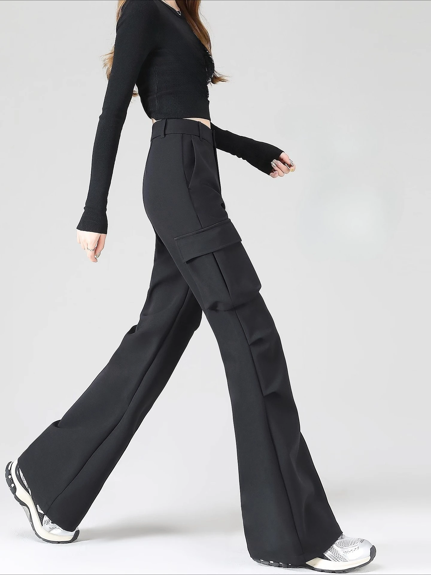 

Spring and Autumn New Women's Pants, Workwear Style High Waisted Gray Fashionable Commuting Slim Fit Bell Bottom Pants