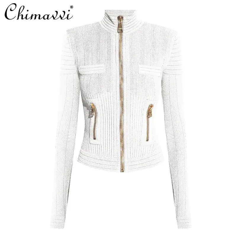 

2024 Autumn New European and American High Quality Knitted Sweater Long Sleeve Crew Neck Cardigan Top Wool Jacket For Women