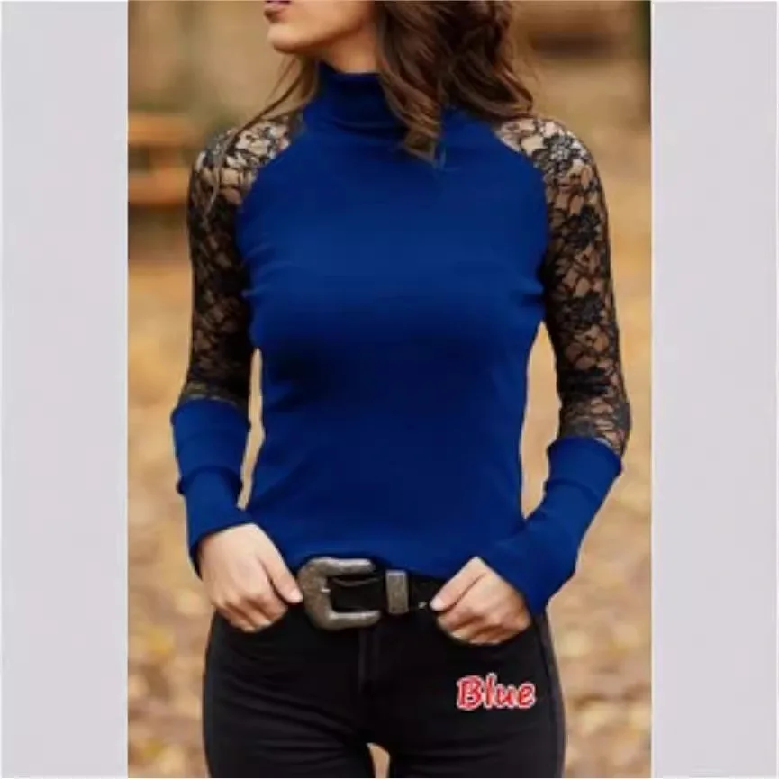 Women's T-shirt Spring/Summer New High Neck Casual Lace Splicing Long Sleeve Tshirt Woman Tops