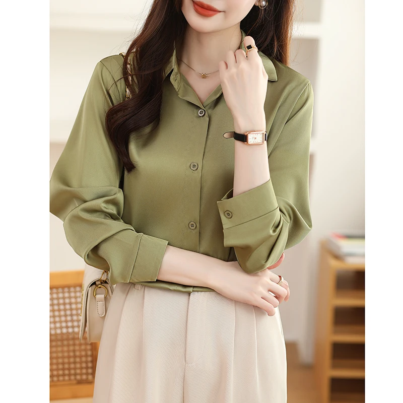 2024 New Non-ironing Anti-wrinkle Satin Shirt Women\'s Solid Color Long Sleeve Tops Blouse