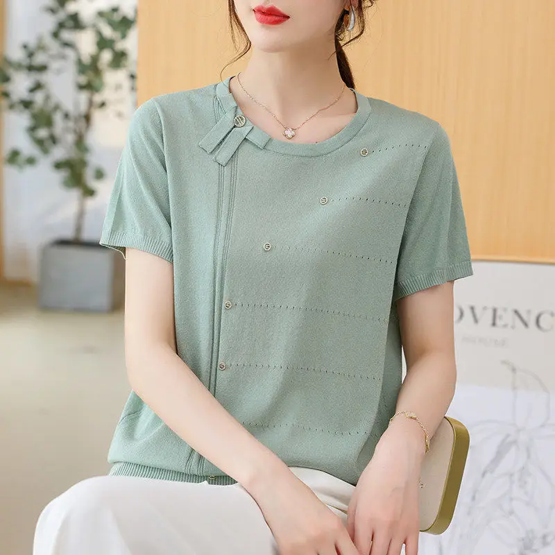 Temperament Summer Women\'s Solid Color Round Neck Diamonds Hollow Out BowIce Silk Fabric Fashion Short Sleeve Loose Knitting Top