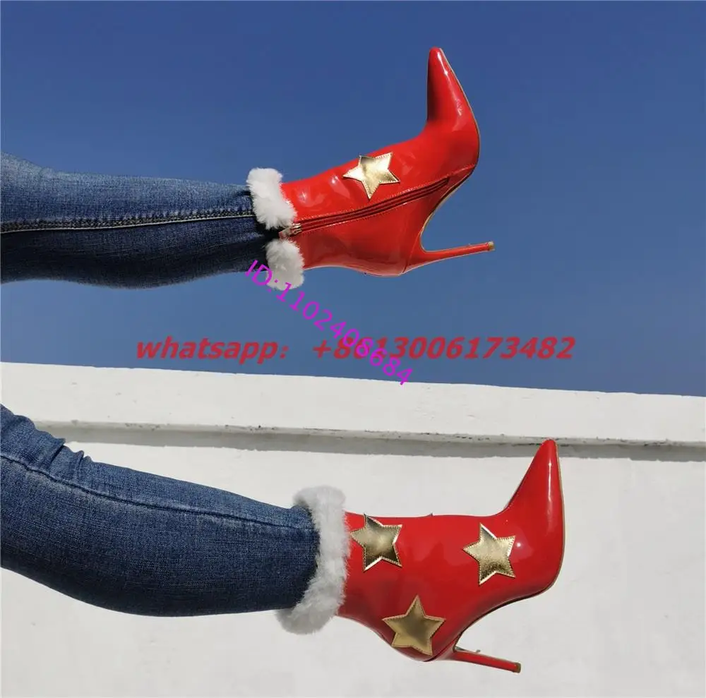 Mujer Navidad estrella dorada charol punta puntiaguda botas de tacón alto talla grande 47 mujer rojo Navidad botines de tacón alto