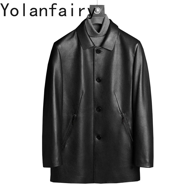 YOLANFAIRY chaquetas de cuero genuino para hombres solapa media larga Casual piel de cabra patrón de piel de venado chaqueta de cuero hombres primavera otoño abrigo