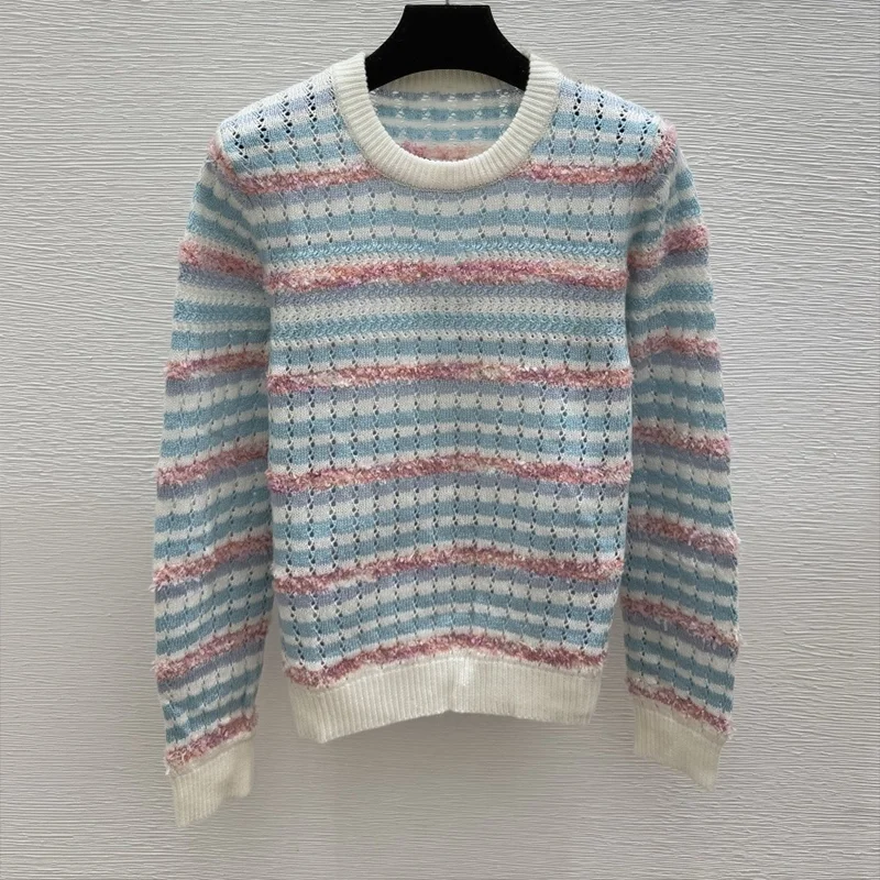 

Высококачественный женский сетчатый разноцветный полосатый свитер в корейском стиле с круглым вырезом 251028192