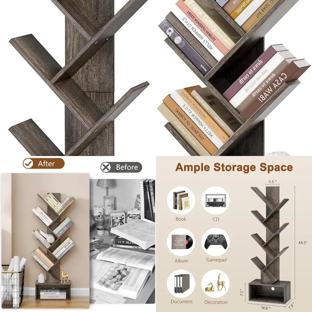

6-Tier Tall Grey Bookshelf - Standing Storage Organizer for Home or Office, Suitable for Living Room, Bedroom