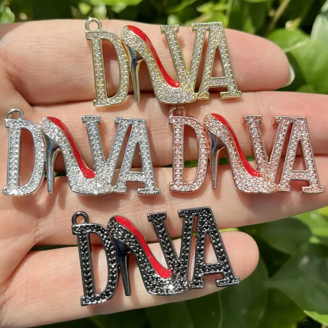 5Pcs Zircon Pave Copper DIVA Charms Red Heel Shoes Charms Women Bracelet Necklace Bangle DIY Findings